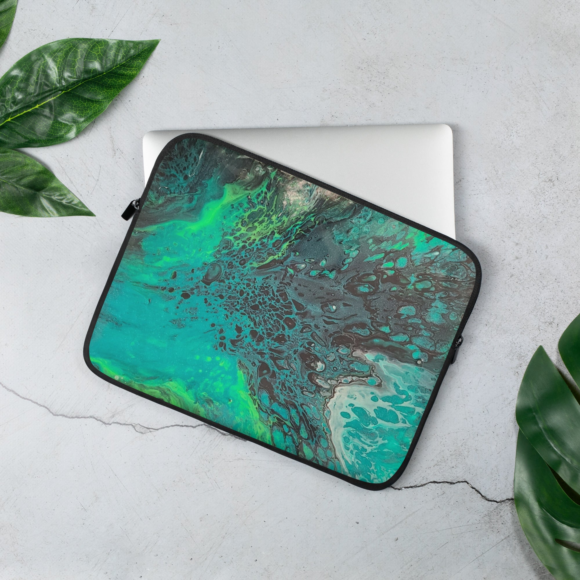 Green Splash Abstract Art Laptop Case, Fluid Art, Pour Painting